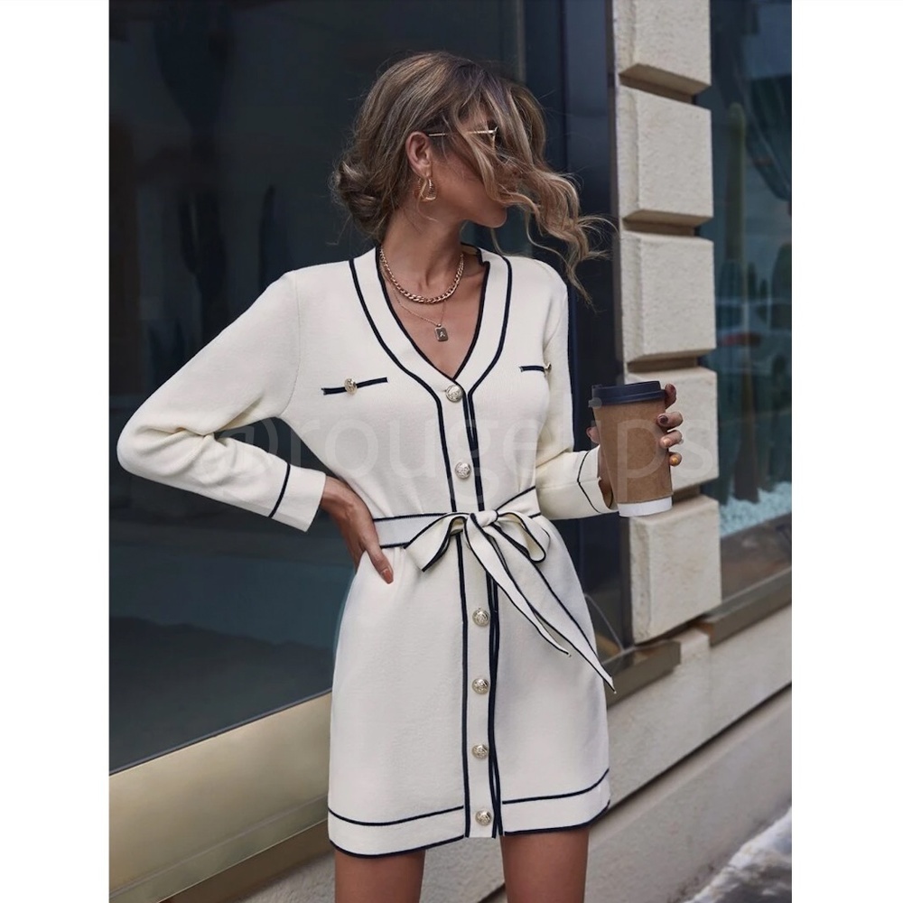 Beige Knit Belted Dress Long Sleeve, Button Through Contrast Black Piping Trim - Picture 6 of 11